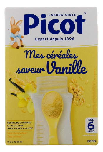 Picot Mes Céréales Mes Céréales de Picot sont des céréales instantanées formulées pour les bébés dès 6 mois, et disponibles en différentes saveurs pour contribuer à l'éveil alimentaire de votre enfant.  200g