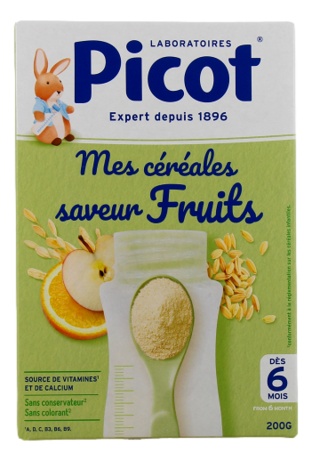 Picot Mes Céréales Mes Céréales de Picot sont des céréales instantanées formulées pour les bébés dès 6 mois, et disponibles en différentes saveurs pour contribuer à l'éveil alimentaire de votre enfant.  200g