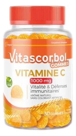 VITASCORBOL Gommes Vitamine C 1000mg Complément alimentaire sous forme de gommes à la vitamine C et au goût orange acidulée.