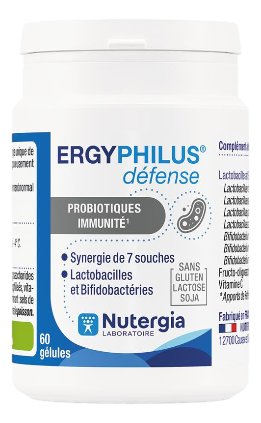 ERGYPHILUS DEFENSE  complément alimentaire à base de 7 souches probiotiques et vitamine C. La vitamine C contribue au fonctionnement normal du système immunitaire.